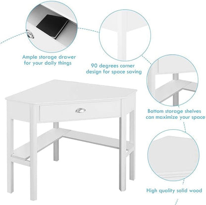 Nightcore Small, Wood Computer Desk, Compact Writing w/Drawer & Storage Shelves, Space Saving Study Workstation, Laptop PC Corner Table, White