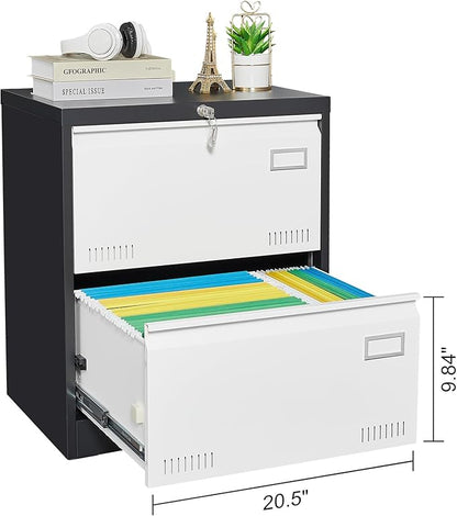 2 Drawer Metal Lateral Lock and Card Holder,Office Vertical Files Storage Cabinets w/Heavy 3 Section Slide Rail & Breathable Holes,for Legal/Letter/A4,Black+White