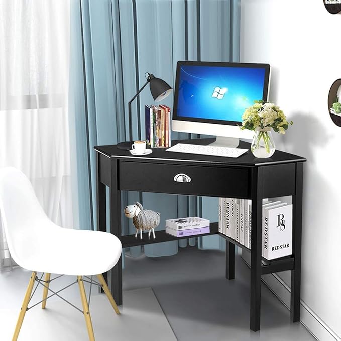 Nightcore Small, Wood Computer Desk, Compact Writing w/Drawer & Storage Shelves, Space Saving Study Workstation, Laptop PC Corner Table, Black