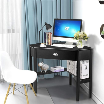Nightcore Small, Wood Computer Desk, Compact Writing w/Drawer & Storage Shelves, Space Saving Study Workstation, Laptop PC Corner Table, Black