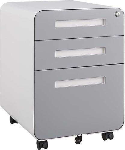 3 Drawer Mobile Desk Office with Lock and Wheels,Versatile Storage Cabinets w/Anti-Tilting Cold Rolled Steel Waterproof Moisture-Proof,for Legal/Letter/A4 Files,White+Gray