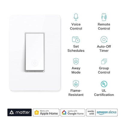 Kasa Matter Smart Light Switch: Voice Control w/Siri, Alexa & Google Assistant, UL Certified, Timer & Schedule, Easy Guided Install, Neutral Wire Required, Single Pole, 2.4GHz Wi-Fi, 3-Pack