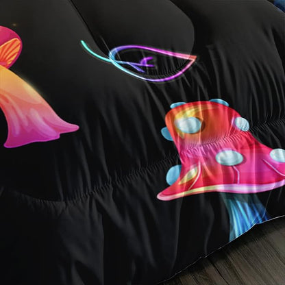 Colorful Mushroom Comforter Set Full Size Kids Mushroom Bedding Set Leaves Quilt Bed Set for Boys Girls Adults with 1 Comforter and 2 Pillowcases