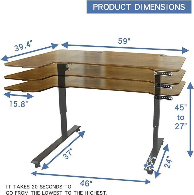 Adjustable Height L-Shaped 59 Inch Electric Standing Desk - Sit Stand Computer Desk with 3 Splice Board, Lockable Casters, Stand Up Desk Table for Home Office, Black Frame and Rustic Brown Top
