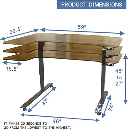 Adjustable Height L-Shaped 59 Inch Electric Standing Desk - Sit Stand Computer Desk with 3 Splice Board, Lockable Casters, Stand Up Desk Table for Home Office, Black Frame and Rustic Brown Top