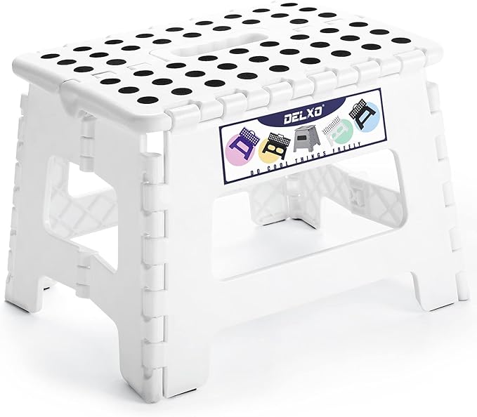 Delxo 9” Folding Step Stool in White,1 Pack Premium Heavy Duty Foldable Stool for Kids,Portable Collapsible Plastic Step Stool,Non Slip Folding Stools for Kitchen Bathroom Bedroom