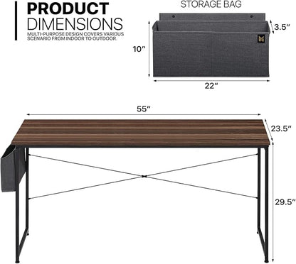 MoNiBloom 55 Inches Large Computer Desk with Storage Bag, Study Work Writing Table w/Metal Frame for Home Office, Walnut Color