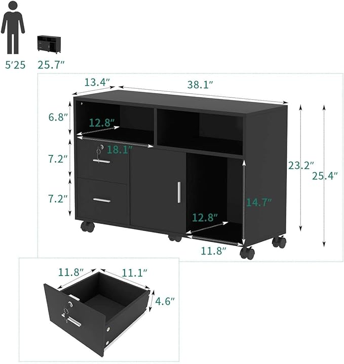 YITAHOME Wood File Cabinet, 2 Drawer Mobile Lateral Storage Cabinet Printer Stand with Lock and Open Storage Shelves for Home Office, Black,Drawers without Hanging Bars