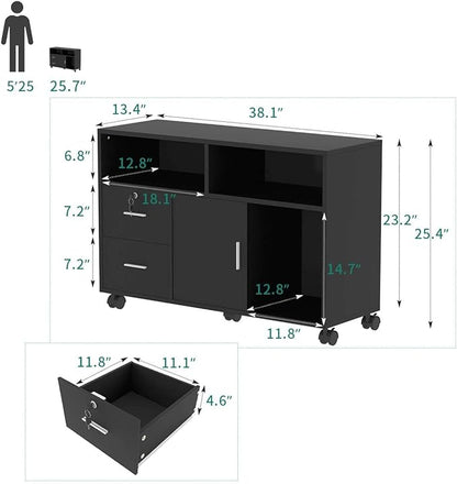 YITAHOME Wood File Cabinet, 2 Drawer Mobile Lateral Storage Cabinet Printer Stand with Lock and Open Storage Shelves for Home Office, Black,Drawers without Hanging Bars