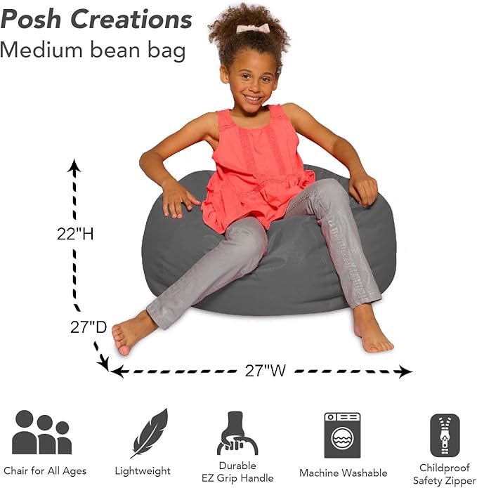 Posh Creations Bean Bag Chair for Kids, Teens, and Adults Includes Removable and Machine Washable Cover, Heather Gray, 27in - Medium