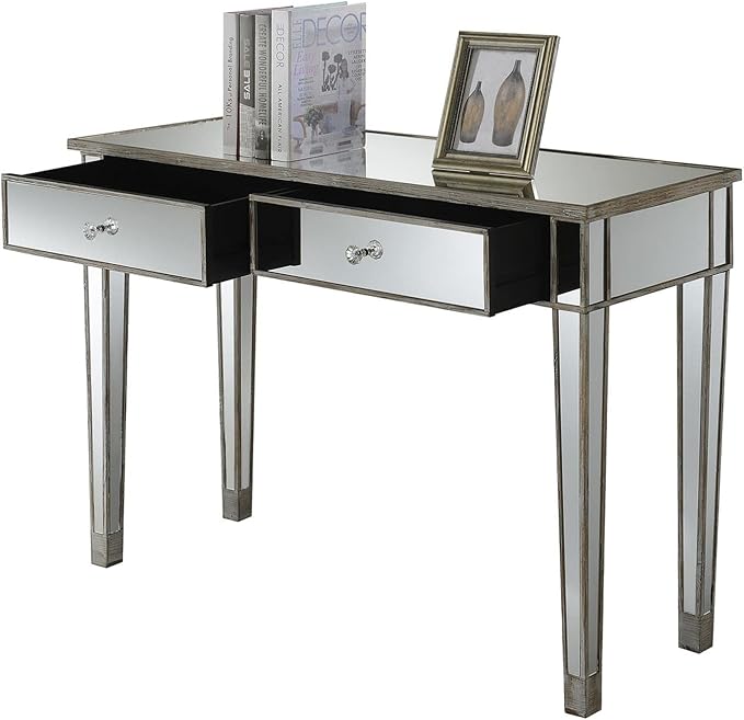 Convenience Concepts Gold Coast Mirrored Desk 42" - Console Table with 2 Drawers for Storage in Living Room, Office, Weathered White/Mirror