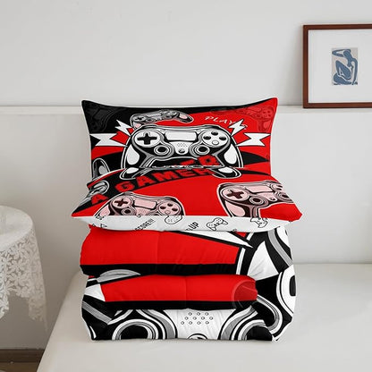 Erosebridal Gaming Comforter Sets for Boys Kids Gamer Comforter Set,Video Game Bedding Set Red Black Gamepad Quilt Duvet Set Men Boys Bedroom Decor,King Size 3Pcs