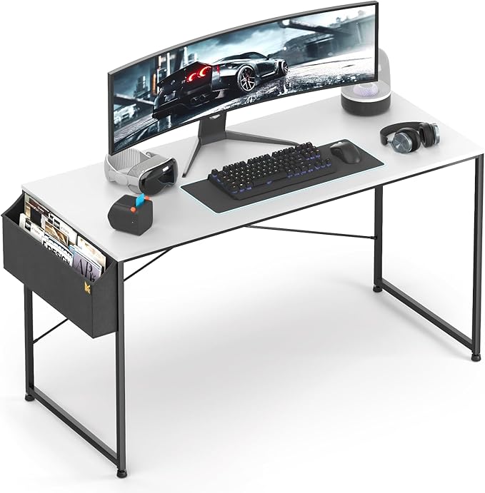 MoNiBloom Computer Desk 55 Inches with A Storage Bag, Student Laptop Writing Desks for Samll Space Home Office, White