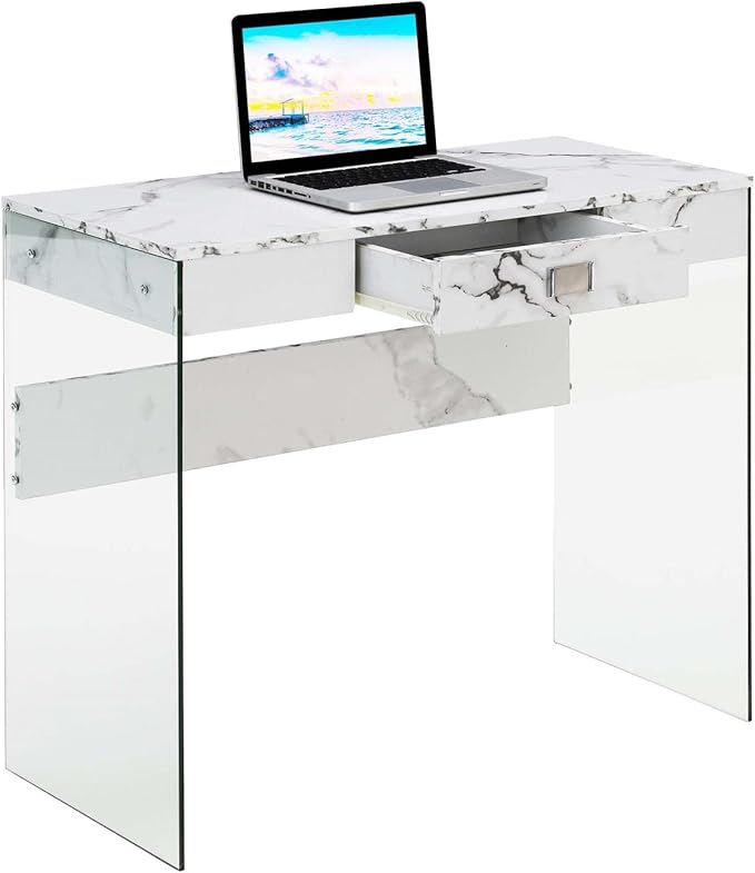 Convenience Concepts SoHo 1 Drawer Glass 36 inch Desk, White Faux Marble/Glass