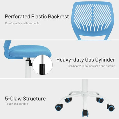FurnitureR Desk Chair Small Study Chairs Armless for Child Kids Teens, Swivel Rolling Lightweight Task Chair with Wheels and Mesh Padded Cushion, Blue