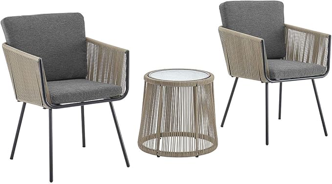 Barton 3 Pieces Wicker Chair Set w/Glass Table Gray Outdoor Patio Furniture Wicker Rattan Modern Conversation Chat Seating