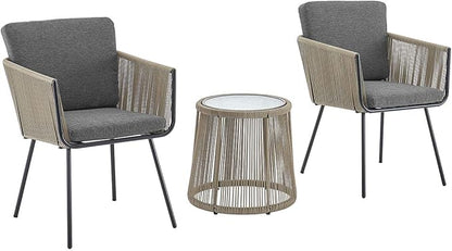 Barton 3 Pieces Wicker Chair Set w/Glass Table Gray Outdoor Patio Furniture Wicker Rattan Modern Conversation Chat Seating