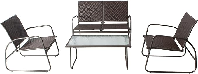 Mapleleaf 4 Pieces Rattan Patio Furniture Set, Outdoor Wicker Conversation Sofa Set, Rattan Chair and Glass Coffee Table for Yard, Pool or Backyard (Brown)
