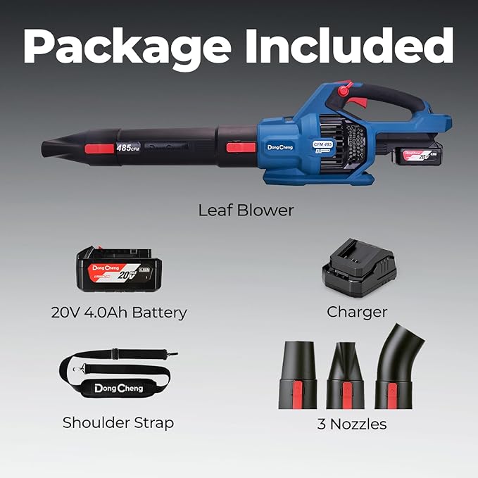 DongCheng Cordless Leaf Blower, 485 CFM Variable Speed & Turbo Mode, 3 Nozzles, Shoulder Strap, 4.0Ah Battery and Charger Included, Battery Powered Leaf Blower for Town Care, Patio and Blowing Leaves