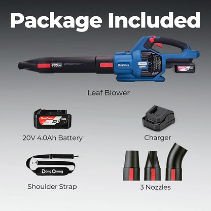 DongCheng Cordless Leaf Blower, 485 CFM Variable Speed & Turbo Mode, 3 Nozzles, Shoulder Strap, 4.0Ah Battery and Charger Included, Battery Powered Leaf Blower for Town Care, Patio and Blowing Leaves