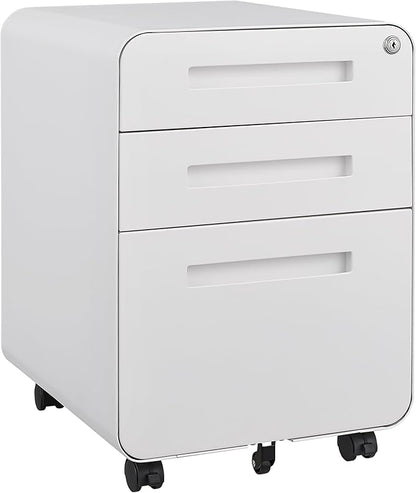3 Drawer Mobile Desk Office with Lock and Wheels,Versatile Storage Cabinets w/Anti-Tilting Cold Rolled Steel Waterproof Moisture-Proof,for Legal/Letter/A4 Files,White