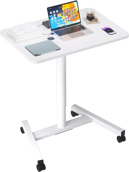 Rolling Desk with Adjustable Height, Sit-to-Stand Desk with Lockable Wheels, 28-Inch Rolling Standing Mobile Desk Cart for Home Office Classroom (White)