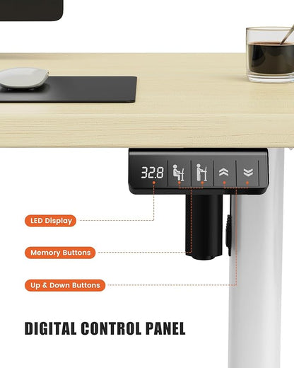 Electric Standing Desk Adjustable Height Stand Up Desk, 48" x 24" Sit Stand Desk, Low Noise Home Office Desk, Computer Desk with Splice Board, Child Lock & Memory Function, Maple