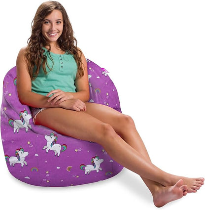 Posh Creations Structured Comfy Bean Bag Chair for Gaming, Reading, and Watching TV, Sonoma Lounge, Canvas - Unicorn and Rainbows on Purple