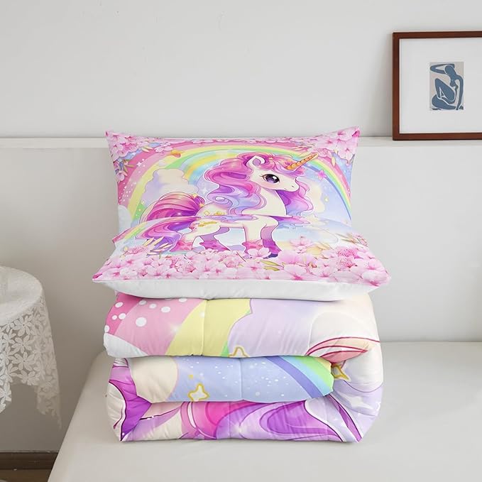 Cartoon Unicorn Kids Comforter Set Full Size,Sakura Cherry Blossom Japanese Bedding Set,Girls Women Room Decor,Rainbow Unicorn Cute Down Comforter,Pink Purple Romantic Duvet Insert,2 Pillowcases