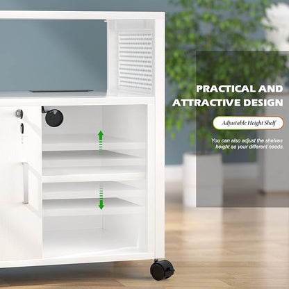 Unikito Rolling File Cabinet Lateral Office Filing Cabinets with Socket and USB Charging Port, Modern Printer Stand on Wheels, Printer Cabinet with Door and Open Storage, Lockable, White