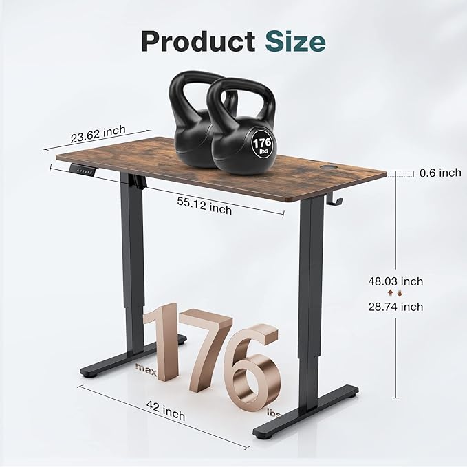 Sweetcrispy 55 x 24in Adjustable Height Electric Standing Computer Home Office Desk Ergonomic Workstation with 3 Memory Controller, 55"x24", Rustic Brown+Black