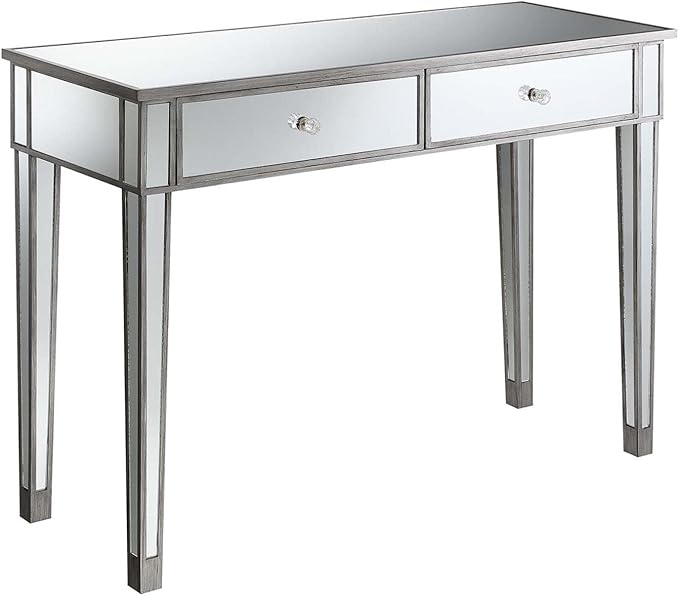 Convenience Concepts Gold Coast Mirrored Desk 42" - Console Table with 2 Drawers for Storage in Living Room, Office, Antique Silver/Mirror