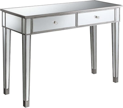 Convenience Concepts Gold Coast Mirrored Desk 42" - Console Table with 2 Drawers for Storage in Living Room, Office, Antique Silver/Mirror