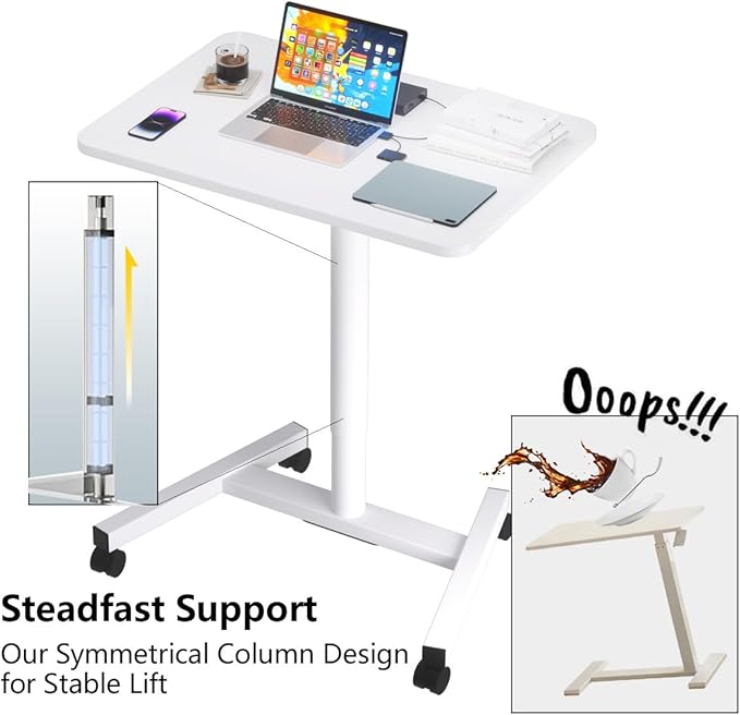 Rolling Desk with Adjustable Height, Sit-to-Stand Desk with Lockable Wheels, 28-Inch Rolling Standing Mobile Desk Cart for Home Office Classroom (White)