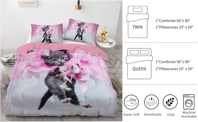 Cat Comforter Twin, Cat Bedding Set Twin Size for Kids, Cat Comforter Set for Girls and Boys, Pink Feathers Black Cat 3Pcs(1Summer Comforter+ 2 Pillowcases) Lovely Animal Pets Duvet Set