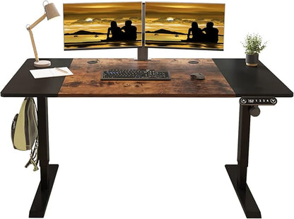 Adjustable Height Electric Standing Desk - 63 x 30 Inch Sit Stand Computer Desk with Splice Board, Stand Up Desk Table for Home Office, Black Frame/Black and Rustic Brown Top