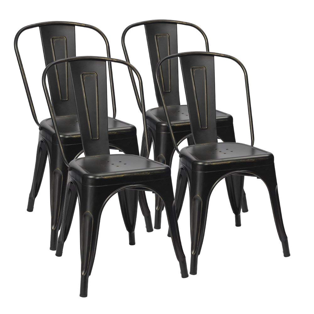 Furmax Metal Dining Chair Indoor Outdoor Use Stackable Chic Side Classic Trattoria Metal Chairs Set of 4 for Kitchen, Dining Room, Bistro and Cafe (Distressed White)