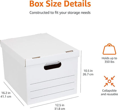 Amazon Basics Storage and Filing Boxes With Lid and Handles, Legal/Letter Size, Basic Duty, Pack of 20, White, 16.2" L x 12.5" W x 10.5" H