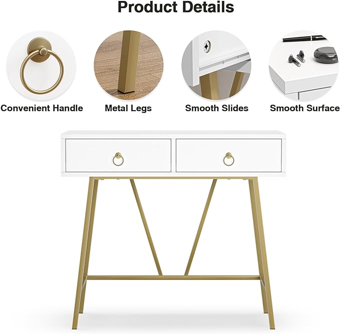 Anmytek Modern Home Office Desk, 35.4 Inch Makeup Vanity Table White Study Desk 2 Drawers Writing Desk Computer Desk with Golden Legs, D0002