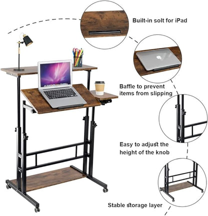 Hadulcet Mobile Standing Desk, Rolling Table Adjustable Computer Desk, Stand Up Laptop Desk Mobile Workstation for Home Office Classroom with Wheels, 31.49 x 23.6 in Rustic Brown