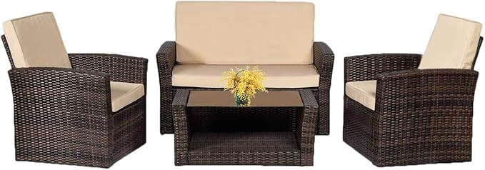 FDW Sectional Sofa Rattan Chair Wicker Conversation Set Outdoor Backyard Porch Poolside Balcony Garden Furniture with Coffee Table, Brown