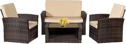 FDW Sectional Sofa Rattan Chair Wicker Conversation Set Outdoor Backyard Porch Poolside Balcony Garden Furniture with Coffee Table, Brown