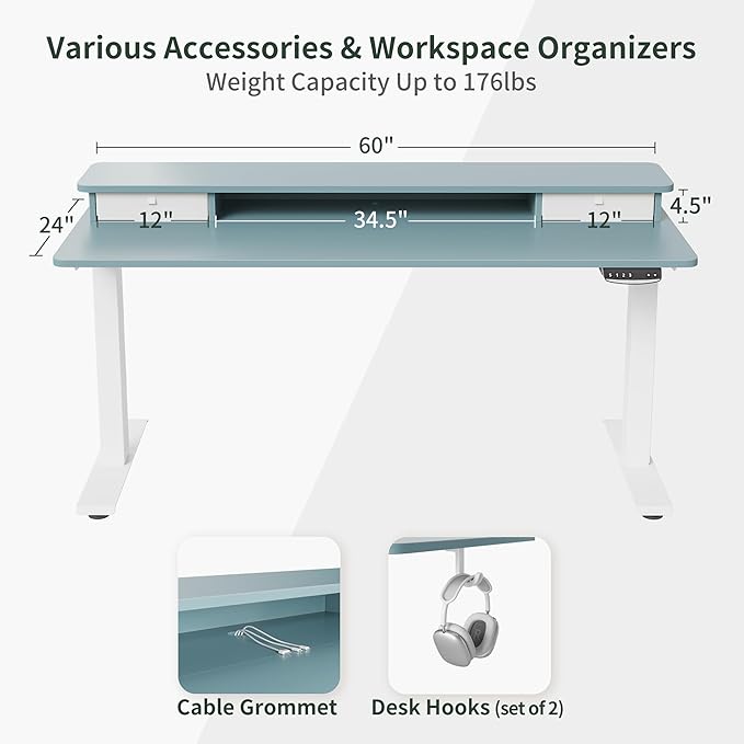 FEZIBO 60 x 24 Inch Height Adjustable Electric Standing Desk with Double Drawer, Stand Up Desk with Storage Shelf, Sit Stand Desk, Blue