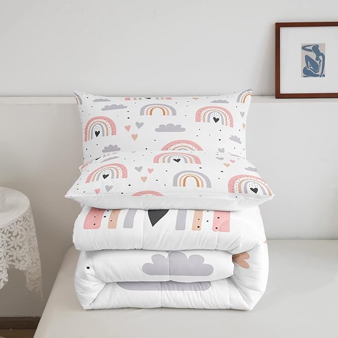 Rainbow King Bedding Sets For Girls, Kawaii Cloud Comforter Set 3 Pieces With 2 Pillow Cases, Pink Love Heart Down Comforter For Kids Boys Women Adult, Hand Drawn Cartoon Rainbow Duvet Insert