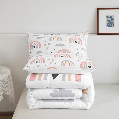 Rainbow King Bedding Sets For Girls, Kawaii Cloud Comforter Set 3 Pieces With 2 Pillow Cases, Pink Love Heart Down Comforter For Kids Boys Women Adult, Hand Drawn Cartoon Rainbow Duvet Insert