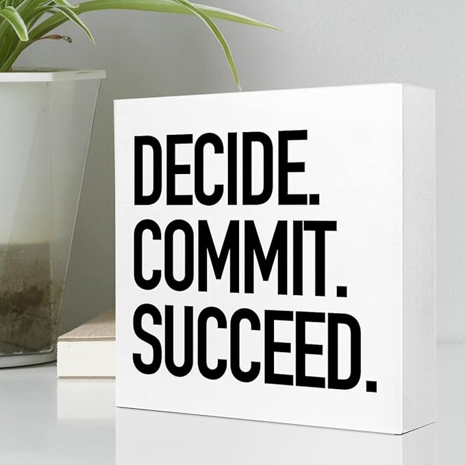Decide Commit Succeed Wooden Sign Desk Decor,Motivational Fitness Gym Workout Quote Wood Block Sign Desk Decorations for Home Gym Office Desk Shelf Table Decor