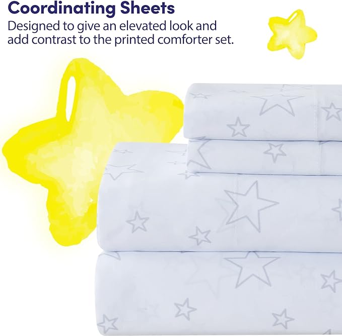 Kids Bedding Set Bed in a Bag for Boys and Girls Toddlers Printed Sheet Set and Comforter, Full, Floating in Space (Pack of 4)