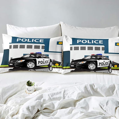 Children Police Car Comforter Set, 3D Car Pattern Down Comforter Full Size for Kids Boys Girls Teens Bedroom, Cartoon Automobile Quilted Duvet, Decorative 3 Piece Bedding Set with 2 Pillow Cases