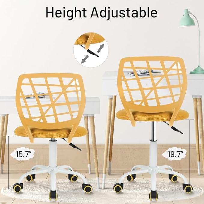 Kids Desk Chair, Fabric Office Chair Armless Small Mid Back Swivel Children Computer Task Chair Ergonomic Height Adjustable Study Chairs with Swivel Padded Cushion and Rolling Wheels, Yellow
