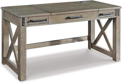 Signature Design by Ashley Aldwin Rustic Farmhouse 60" Home Office Lift Top Desk with Charging Ports, Distressed Gray